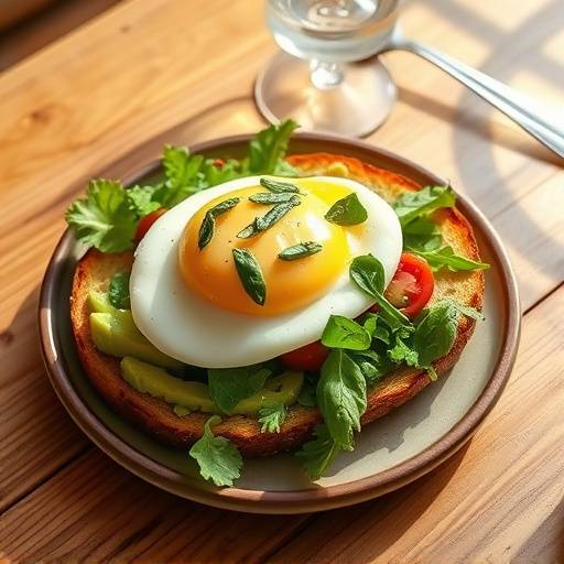 A beautifully plated dish of avocado toast with a poached egg and side salad on a wooden table