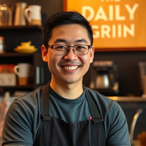 A friendly portrait of David Chen, Senior Barista at The Daily Grind Cafe