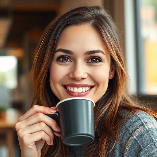 Smiling woman holding a cup of coffee at The Daily Grind Cafe